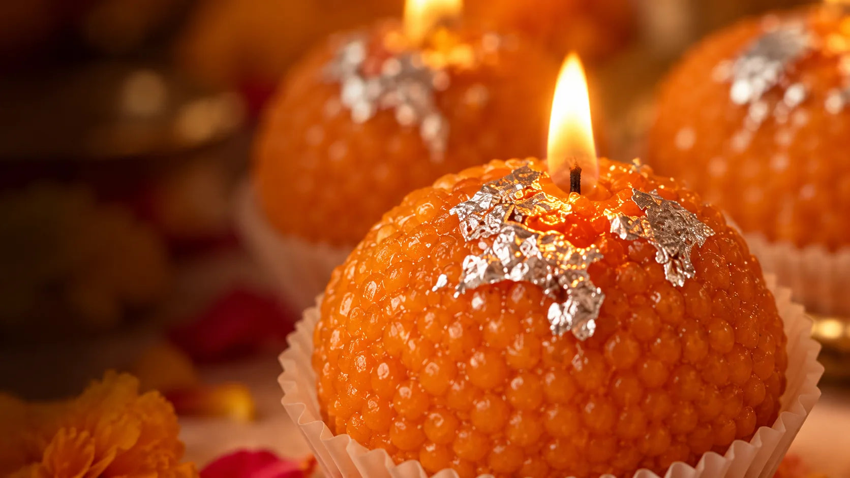 Close-up of a lit ladoo candle with silver leaf