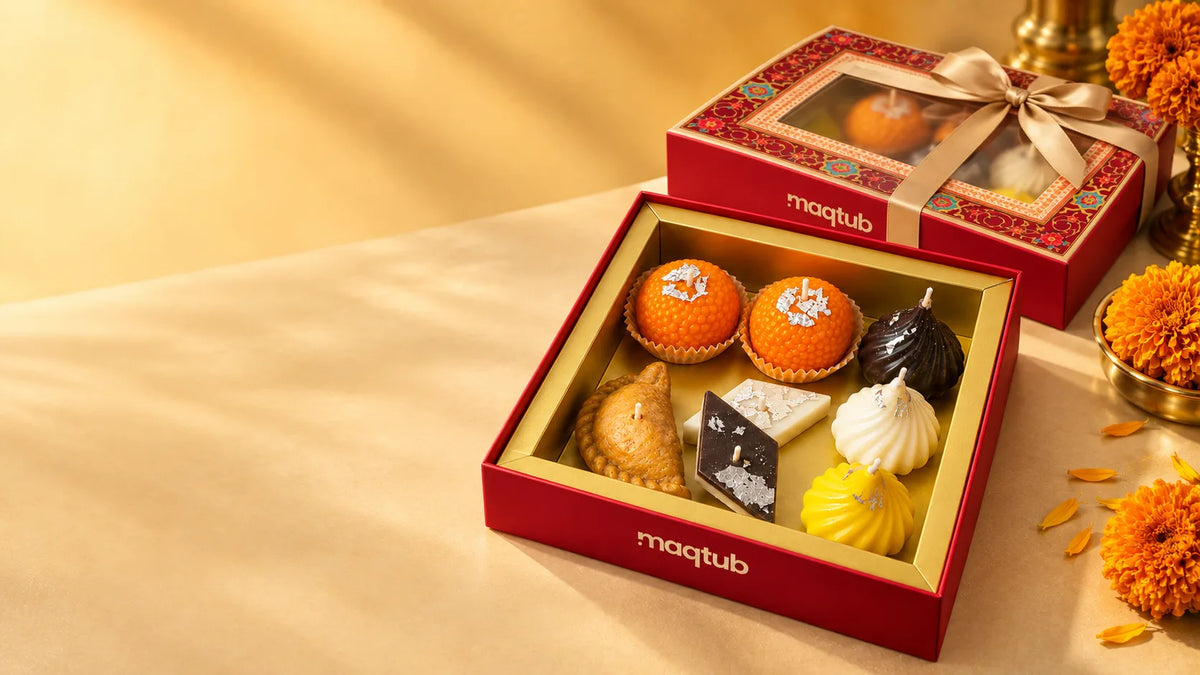Open Maqtub gift box of ladoo, modak, gujiya and kaju katli candles, with a ribbon-tied gift box, brass lamp and marigolds
