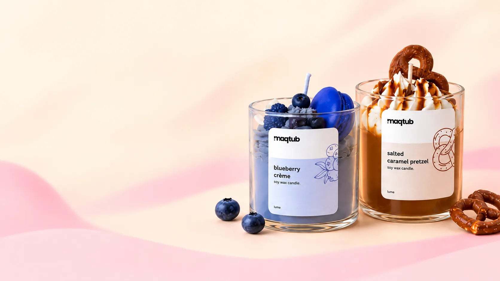 Blueberry Crème and Salted Caramel Pretzel candles in glass jars