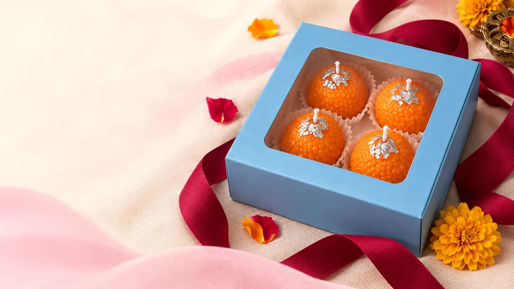 Ladoo candles in a blue Maqtub gift box with crimson ribbon and marigolds