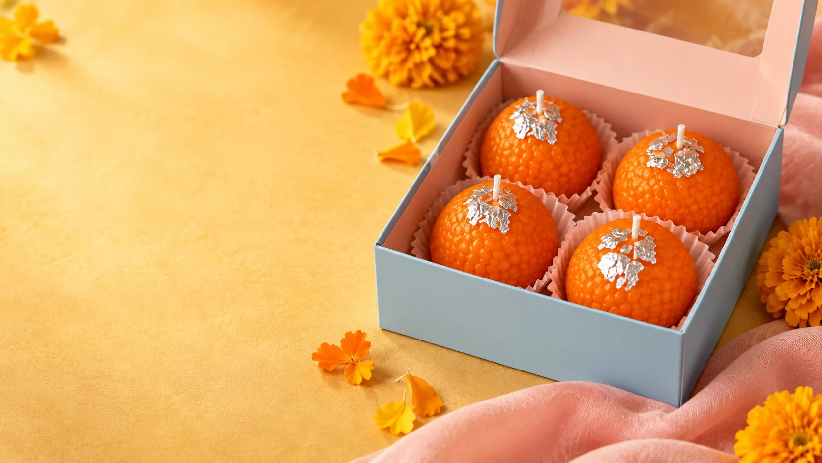 Four ladoo candles in an open Maqtub gift box with marigolds